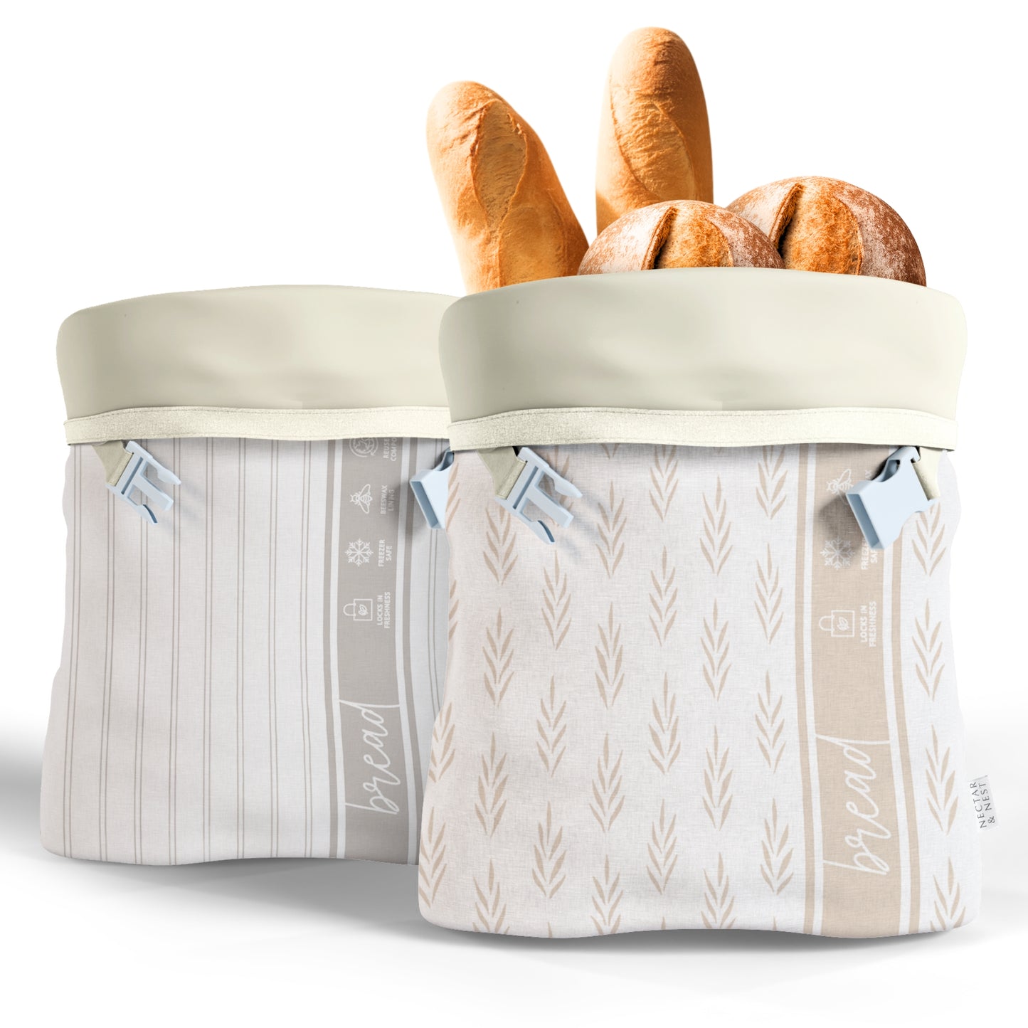 Beeswax Bread Bags (Grey Stripe, Wheat) - Set of 2