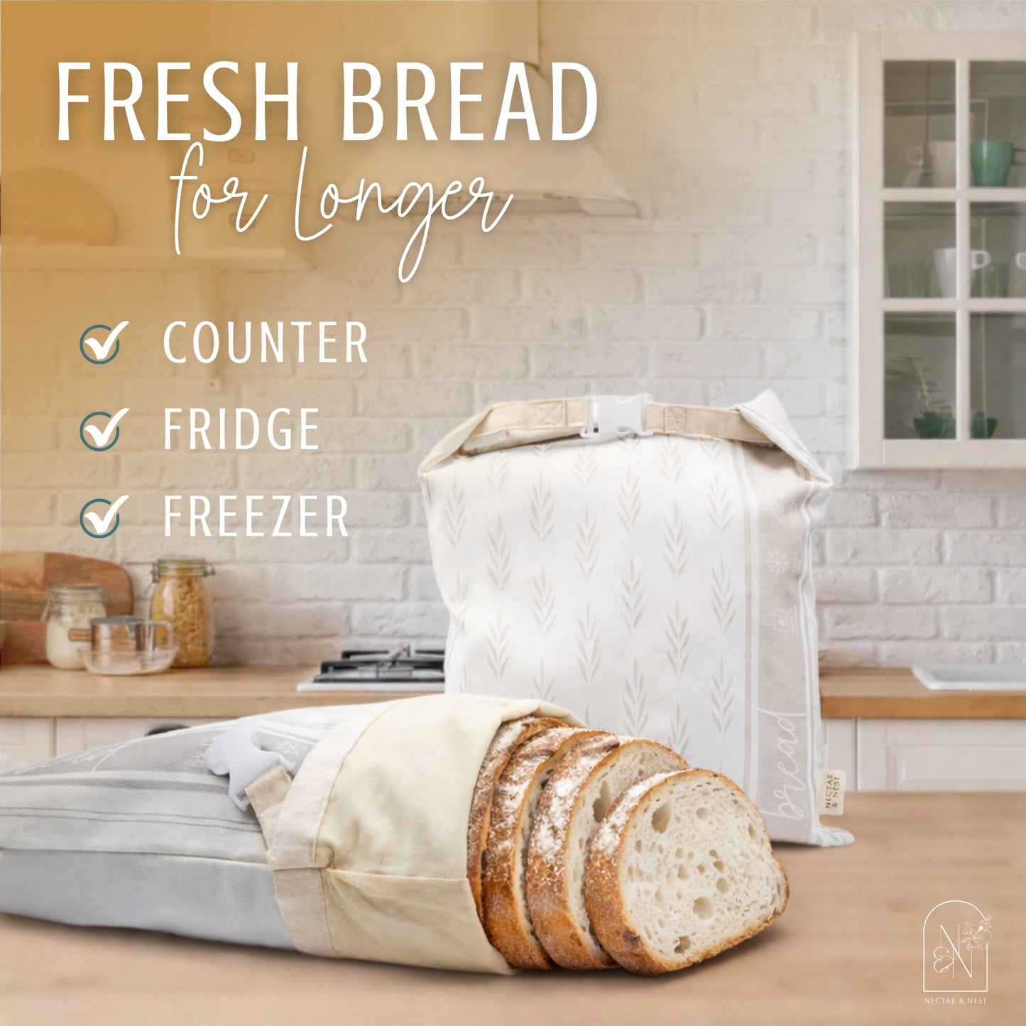 Beeswax Bread Bags (Grey Stripe, Wheat) - Set of 2